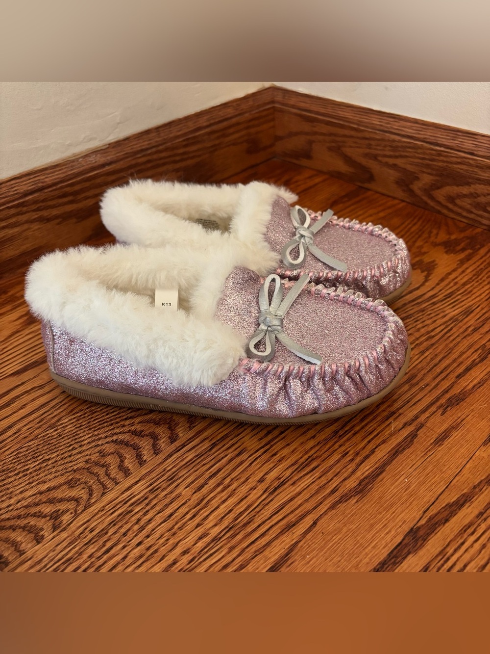 Crewcuts Girls' Pink Glitter Faux-Fur Moccasin Slippers Size 13
